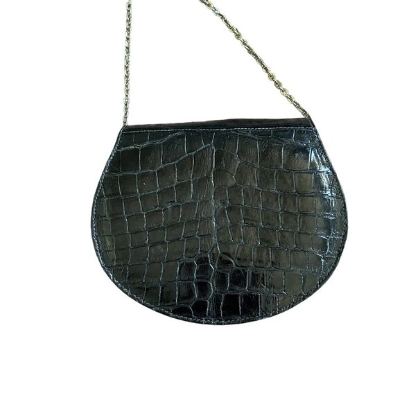 Vintage Black Leather Animal Print Embossed Crossbody Bag Chain Strap - Picture 3 of 11